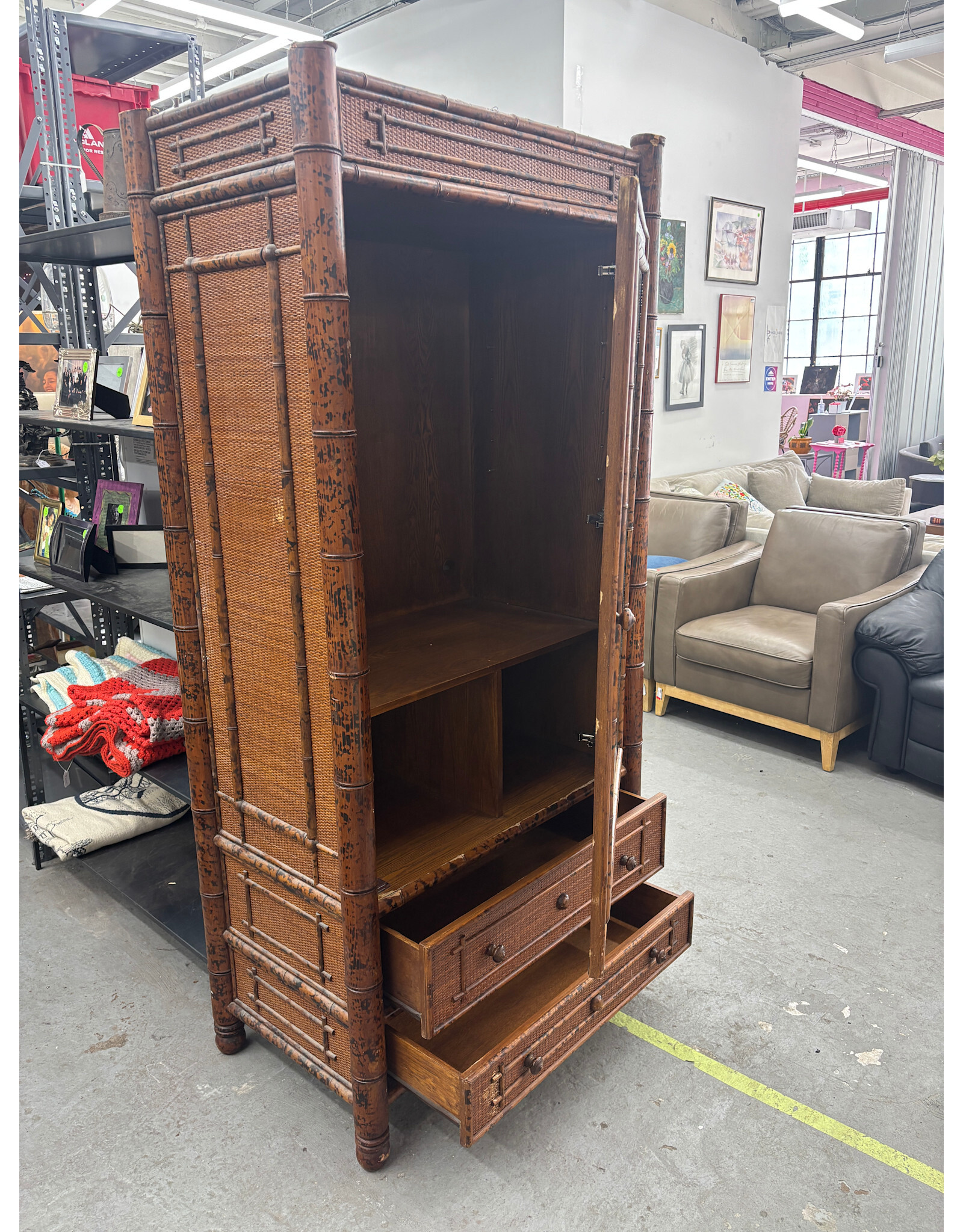 Vintage Tortoise Bamboo Mirrored Armoire