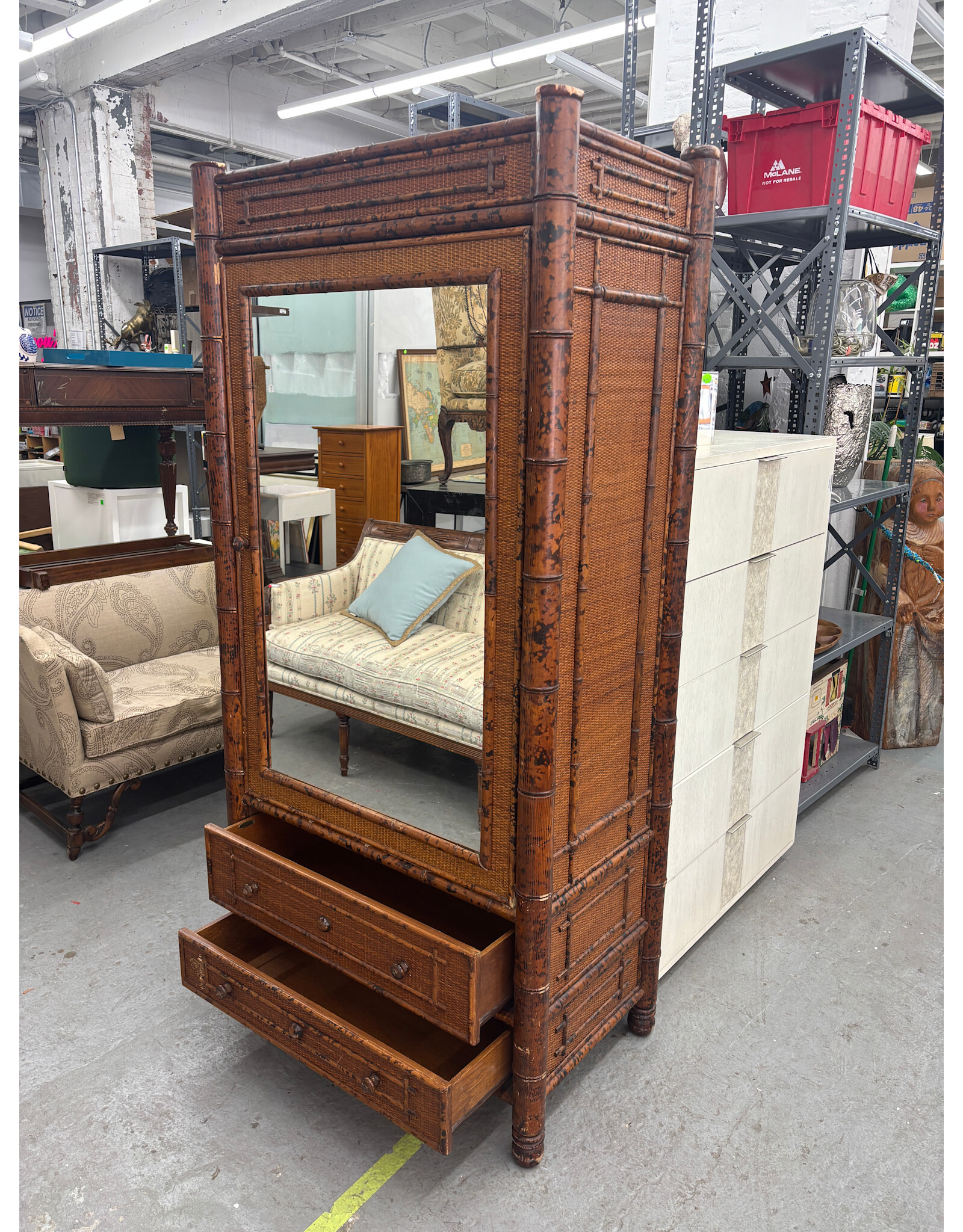 Vintage Tortoise Bamboo Mirrored Armoire