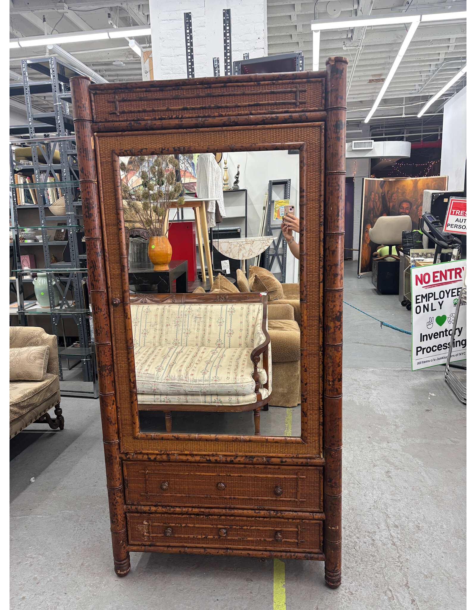 Vintage Tortoise Bamboo Mirrored Armoire