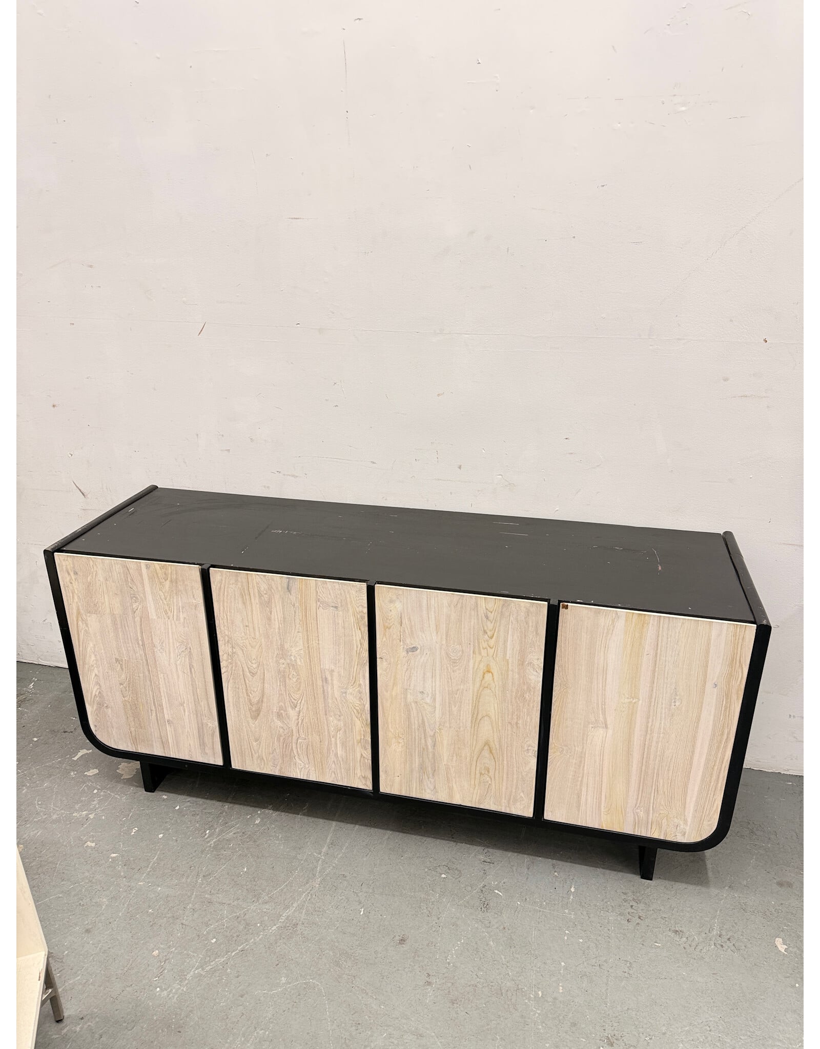CB2 White Washed Teak Wood and Black Credenza