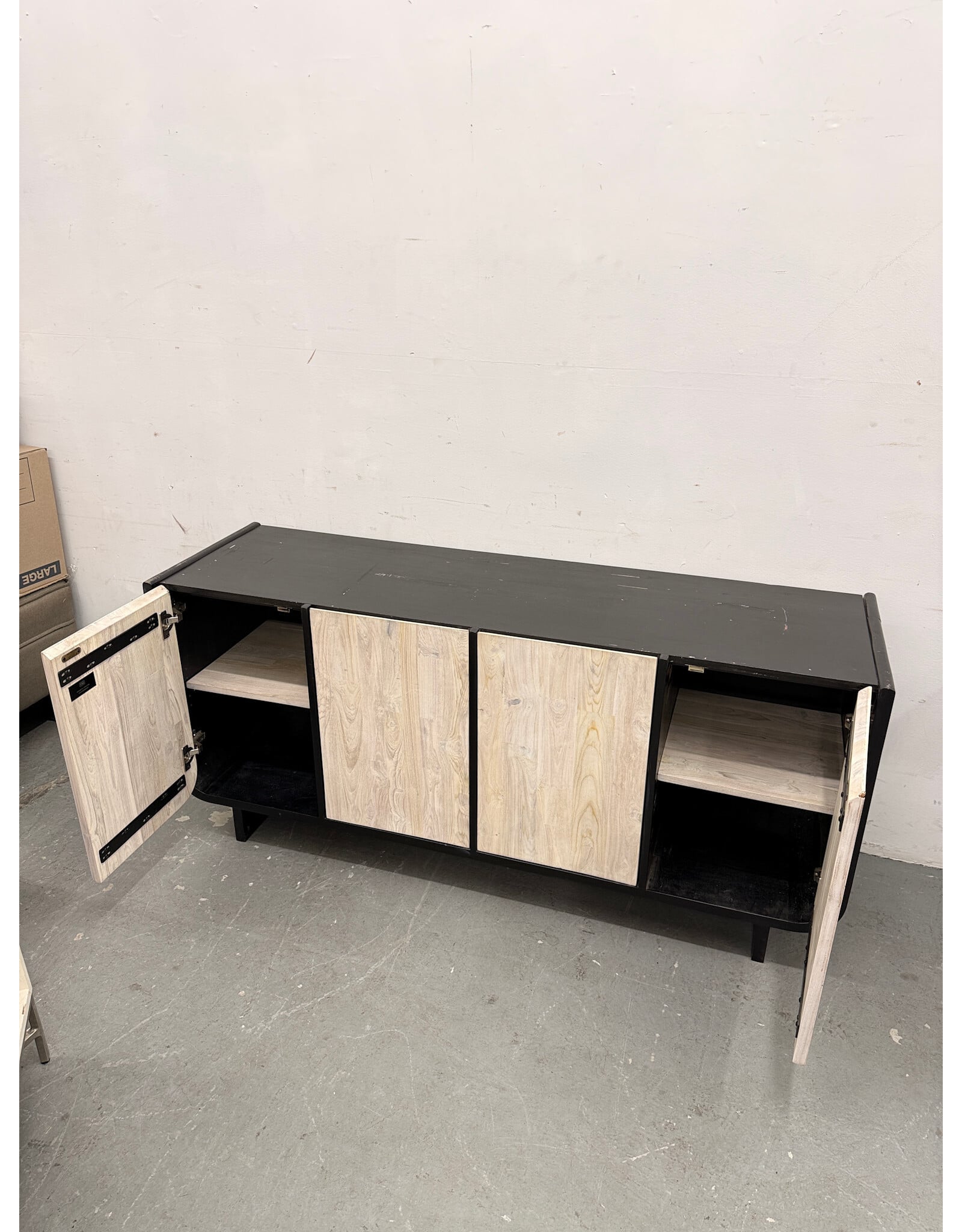 CB2 White Washed Teak Wood and Black Credenza