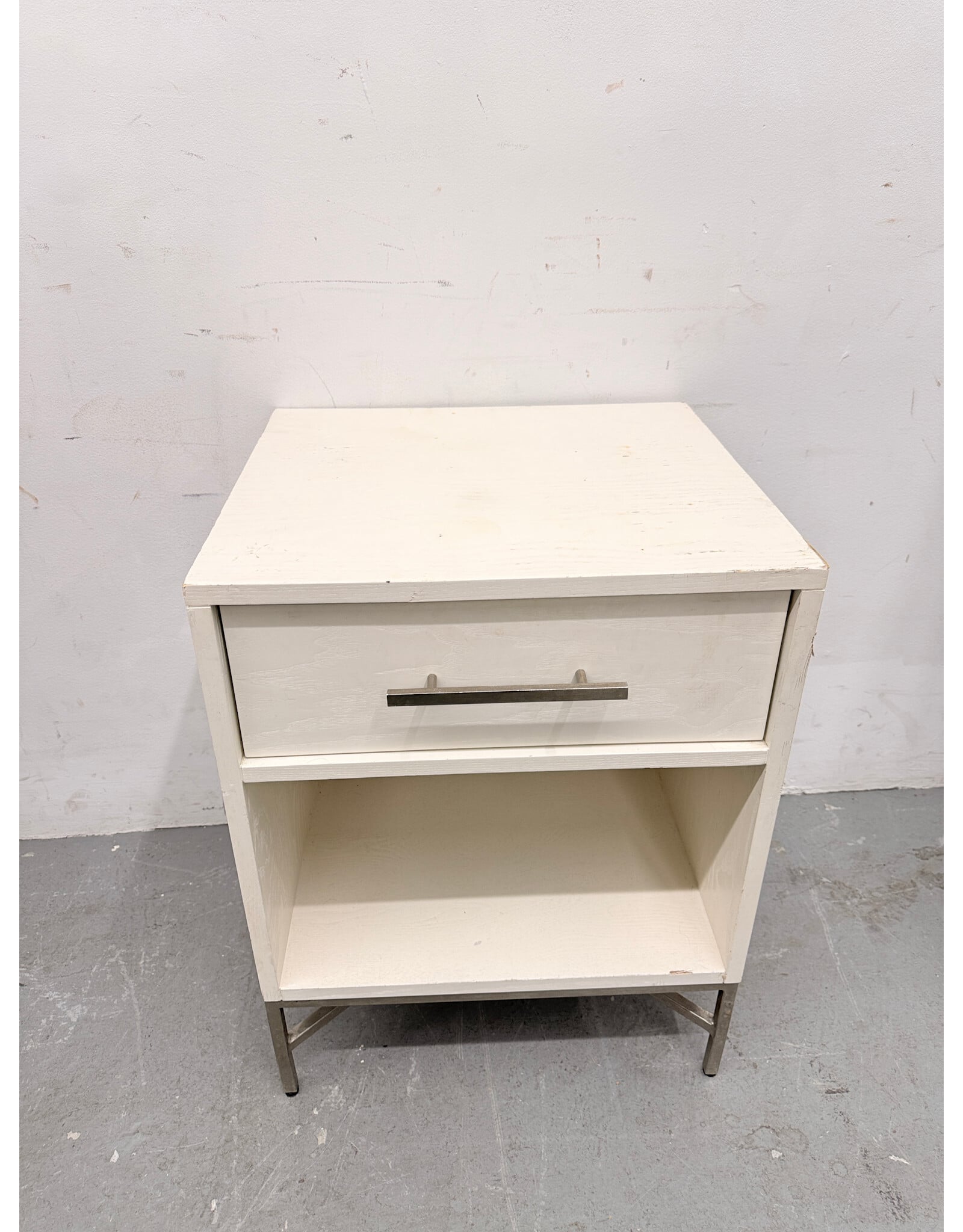 West Elm White Side Table with Chrome Accents