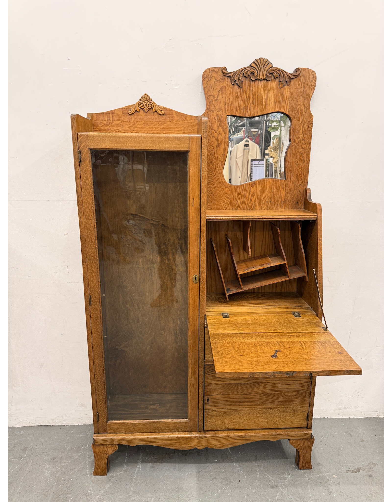 Antique Victoria Tiger Oak Side by Side Secretary Bookcase