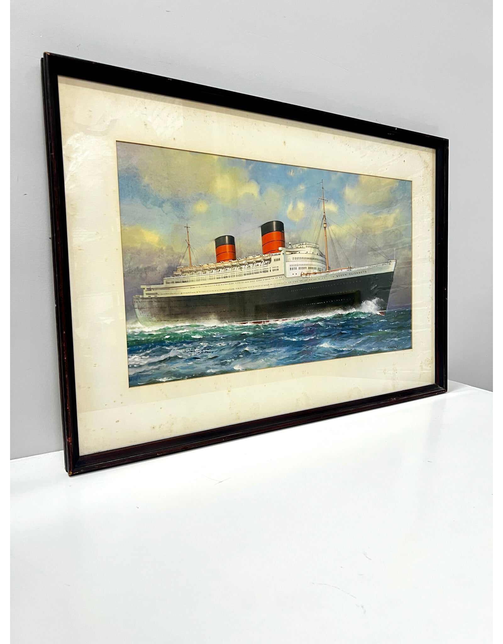 RMS Queen Elizabeth by C. R. Turner, framed vintage print