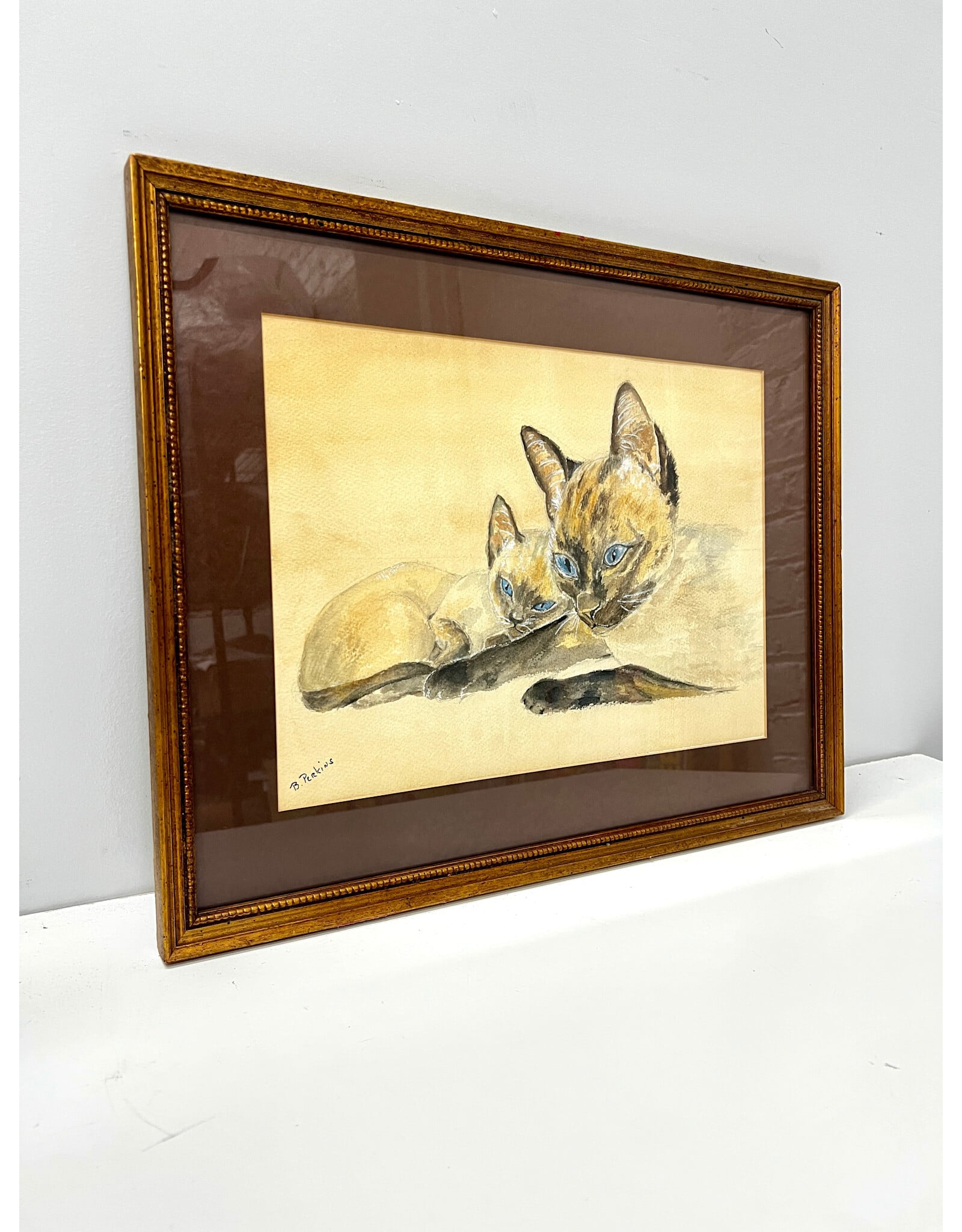 Siamese Cat and Kitten, framed mixed media, sgnd B. Perkins