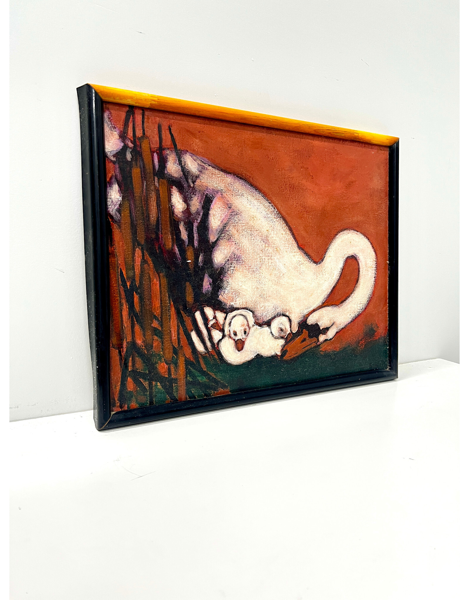 Swan with Cygnets, framed oil on canvas