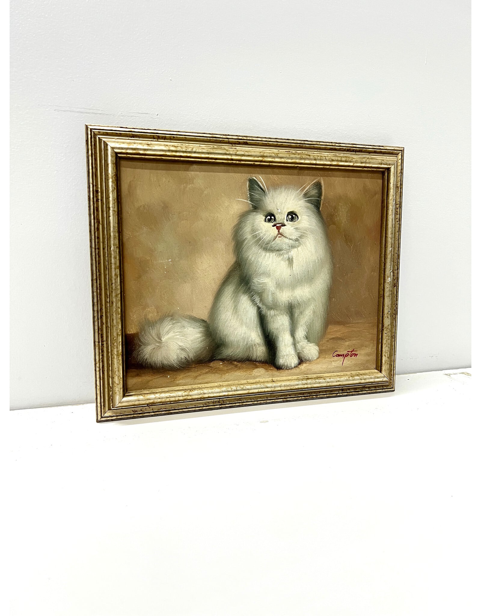 White Persian Cat, framed oil on canvas, sgnd Compton