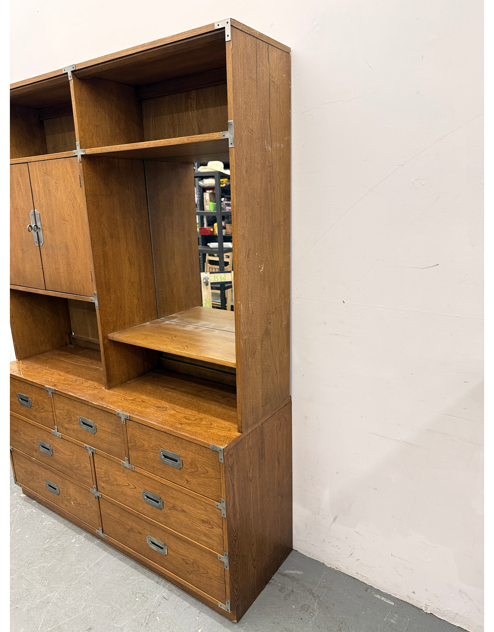Bernhardt English Campaign Style 5-Drawer Shelf Unit with Cabinet and Vanity