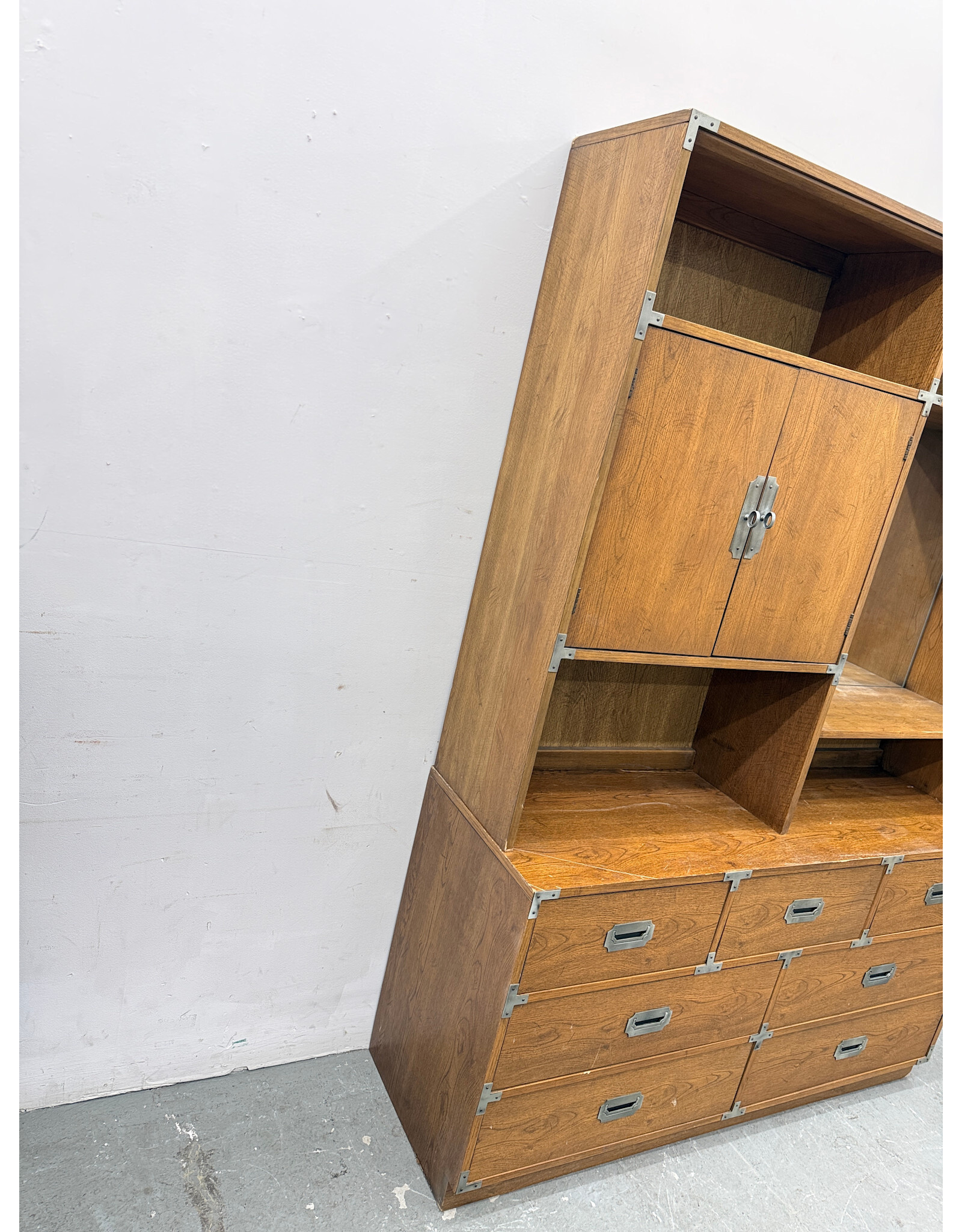 Bernhardt English Campaign Style 5-Drawer Shelf Unit with Cabinet and Vanity