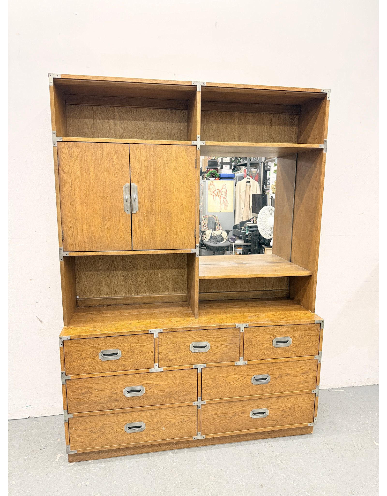Bernhardt English Campaign Style 5-Drawer Shelf Unit with Cabinet and Vanity