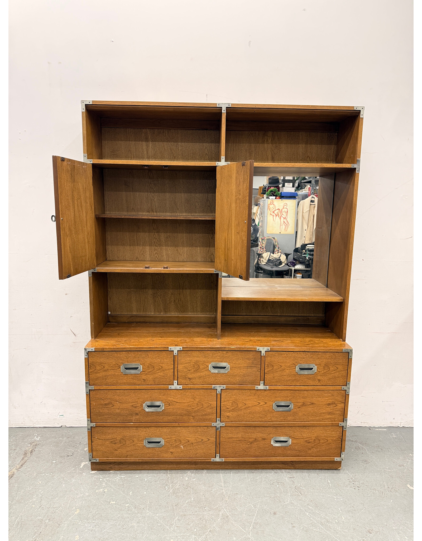 Bernhardt English Campaign Style 5-Drawer Shelf Unit with Cabinet and Vanity