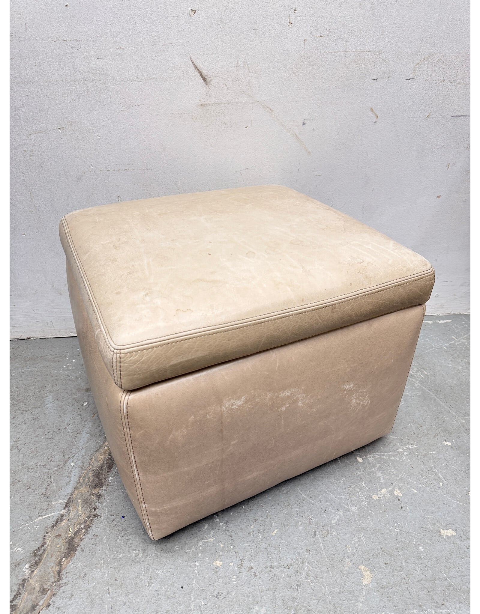 Cream Leather Storage Ottoman