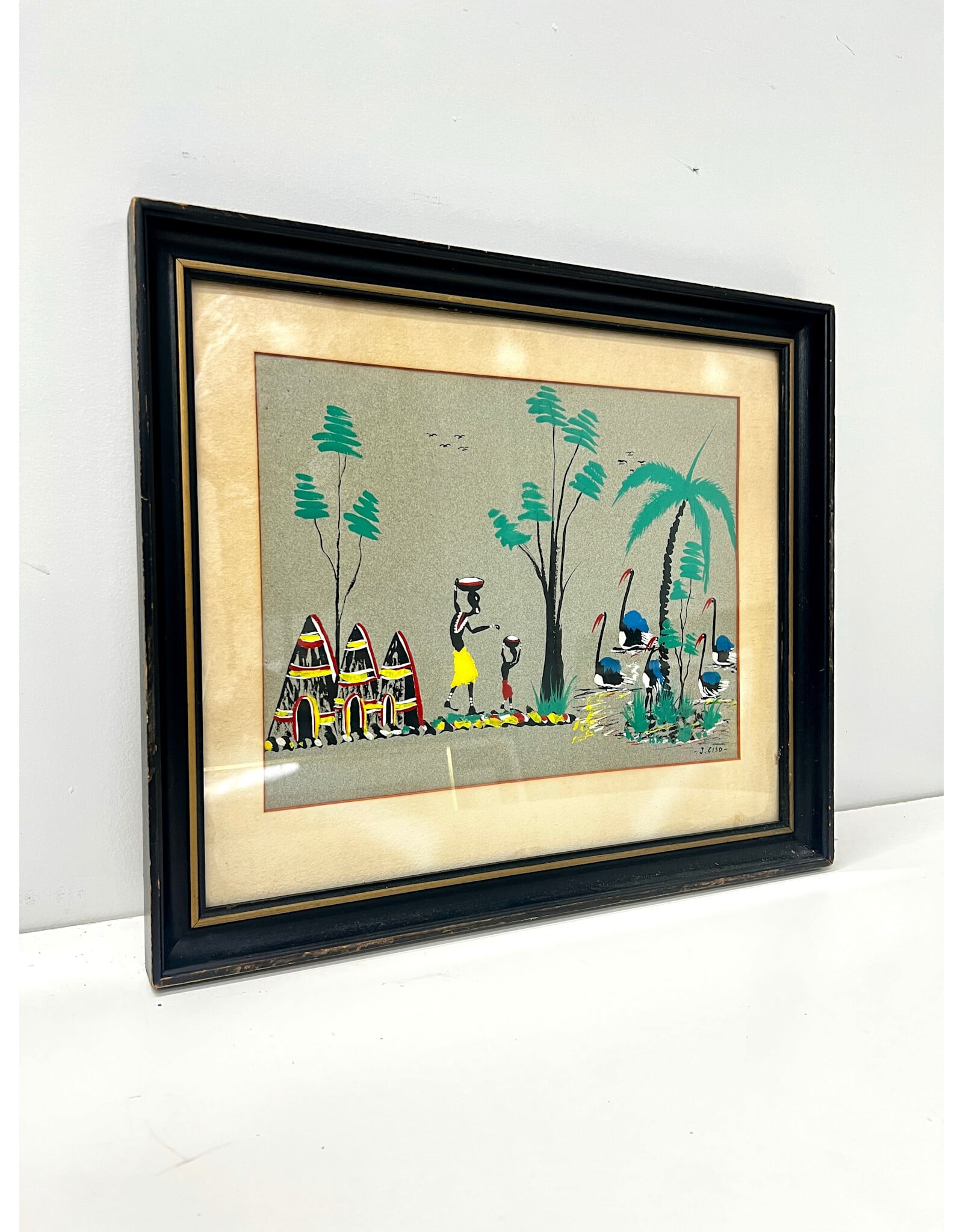Framed Vintage African Folk Art Painting