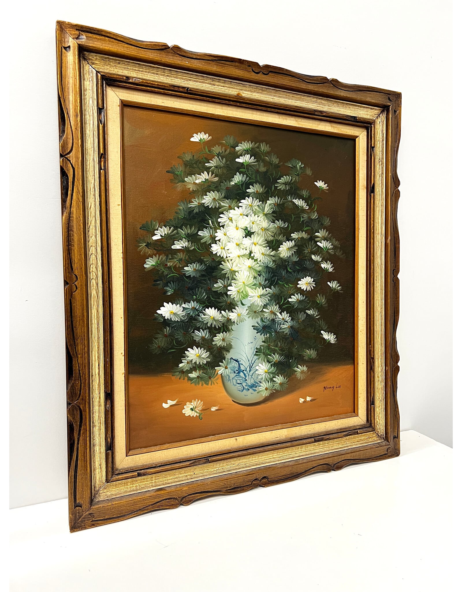 White Daisies, framed oil on canvas, sgnd Nancy Lee