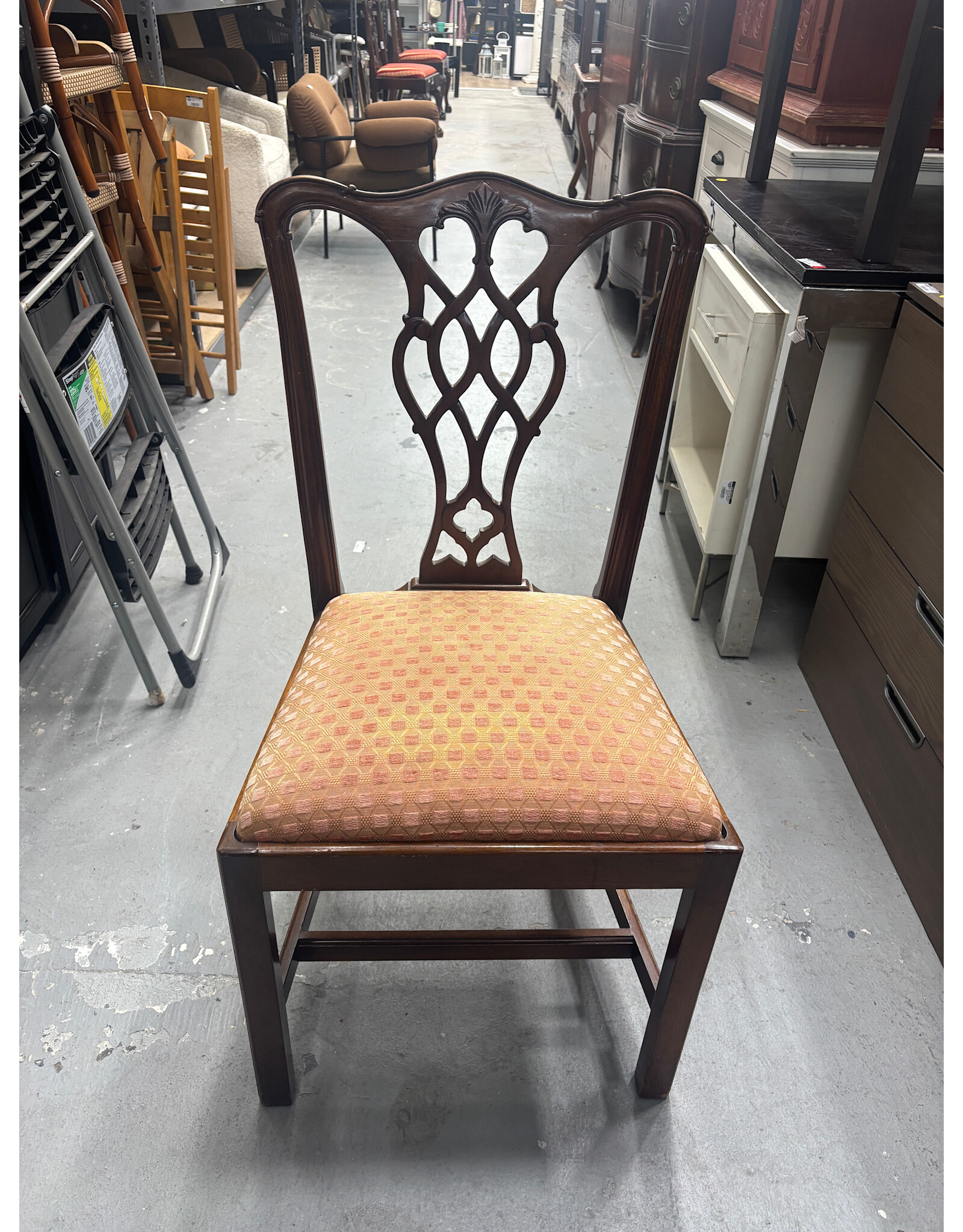 Chippendale Mahogany Cut out Dining Chair with Pink Checkered Cushion