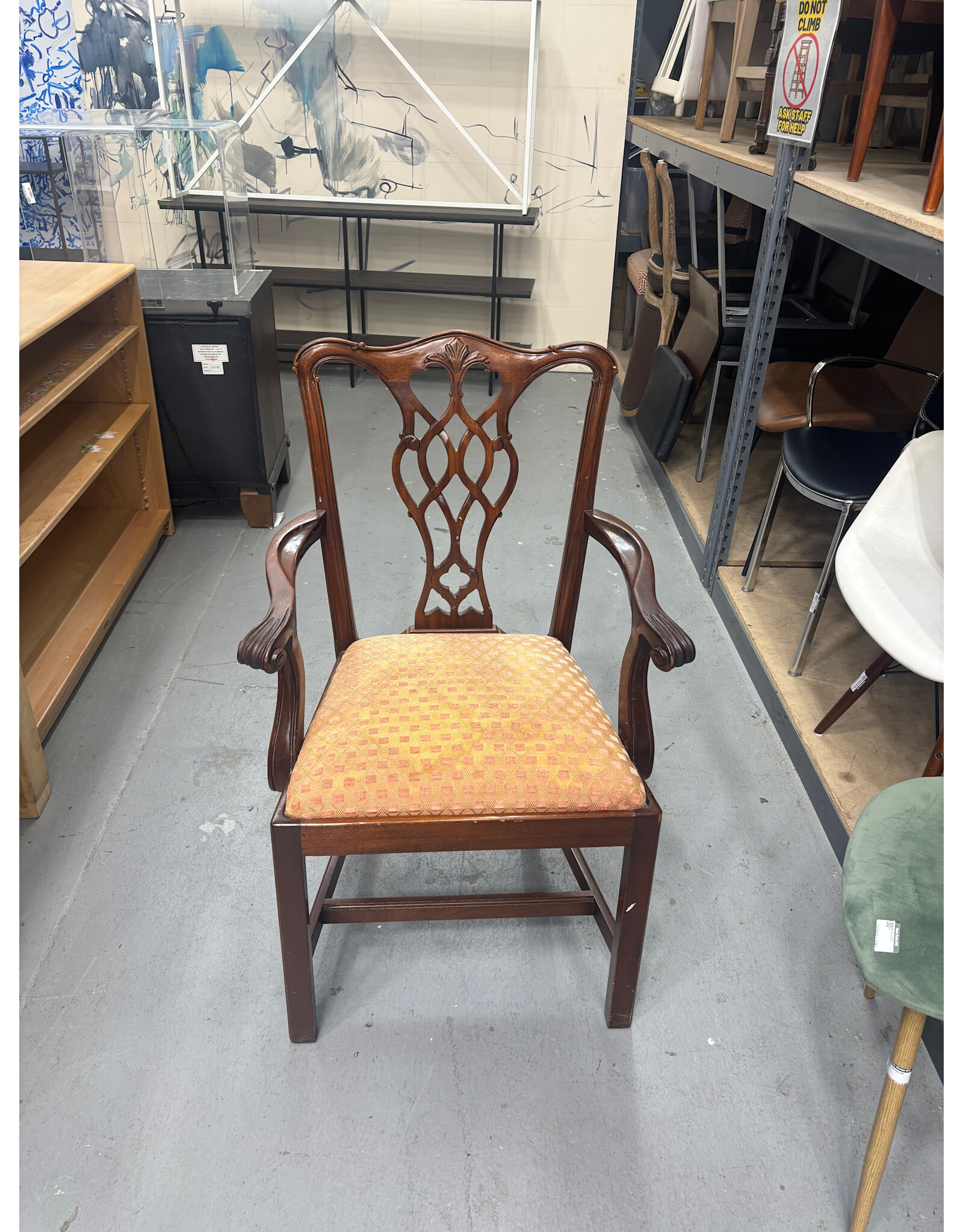 Chippendale Mahogany Cut out Captains Chair with Pink Checkered Cushion