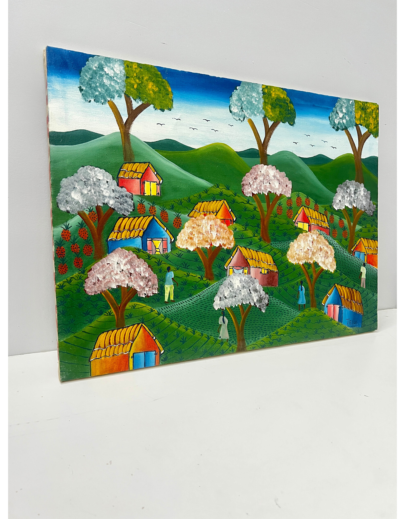 Folk Art Village Painting, sgnd Jesus
