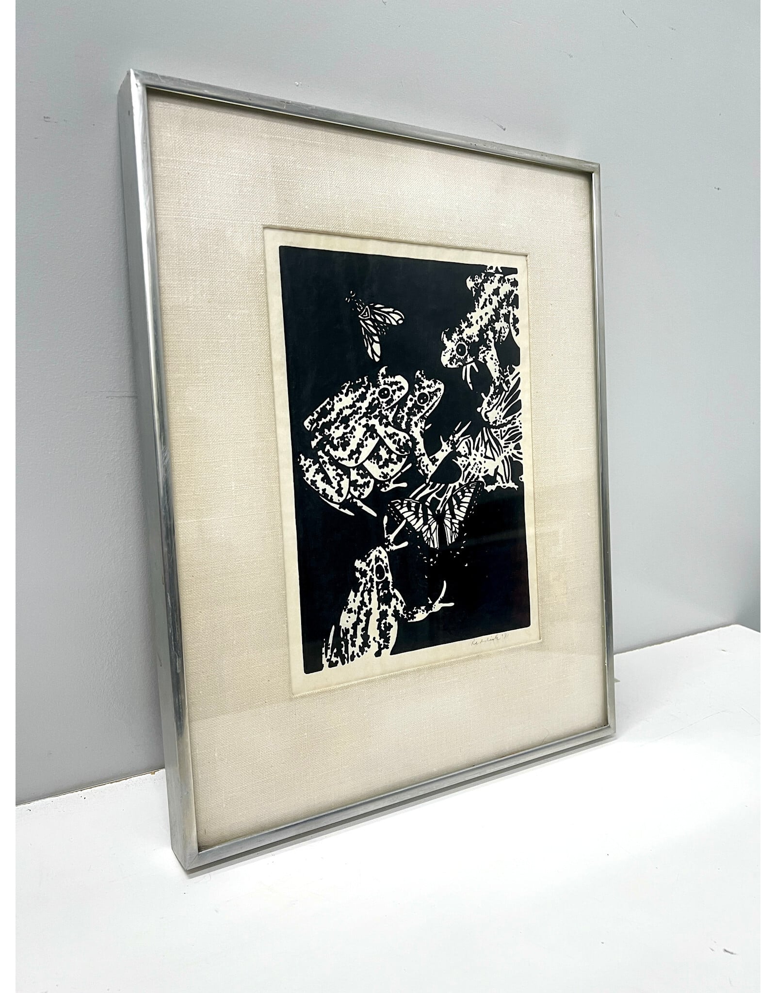 Froggies, framed linocut print, sgnd Reddink '71