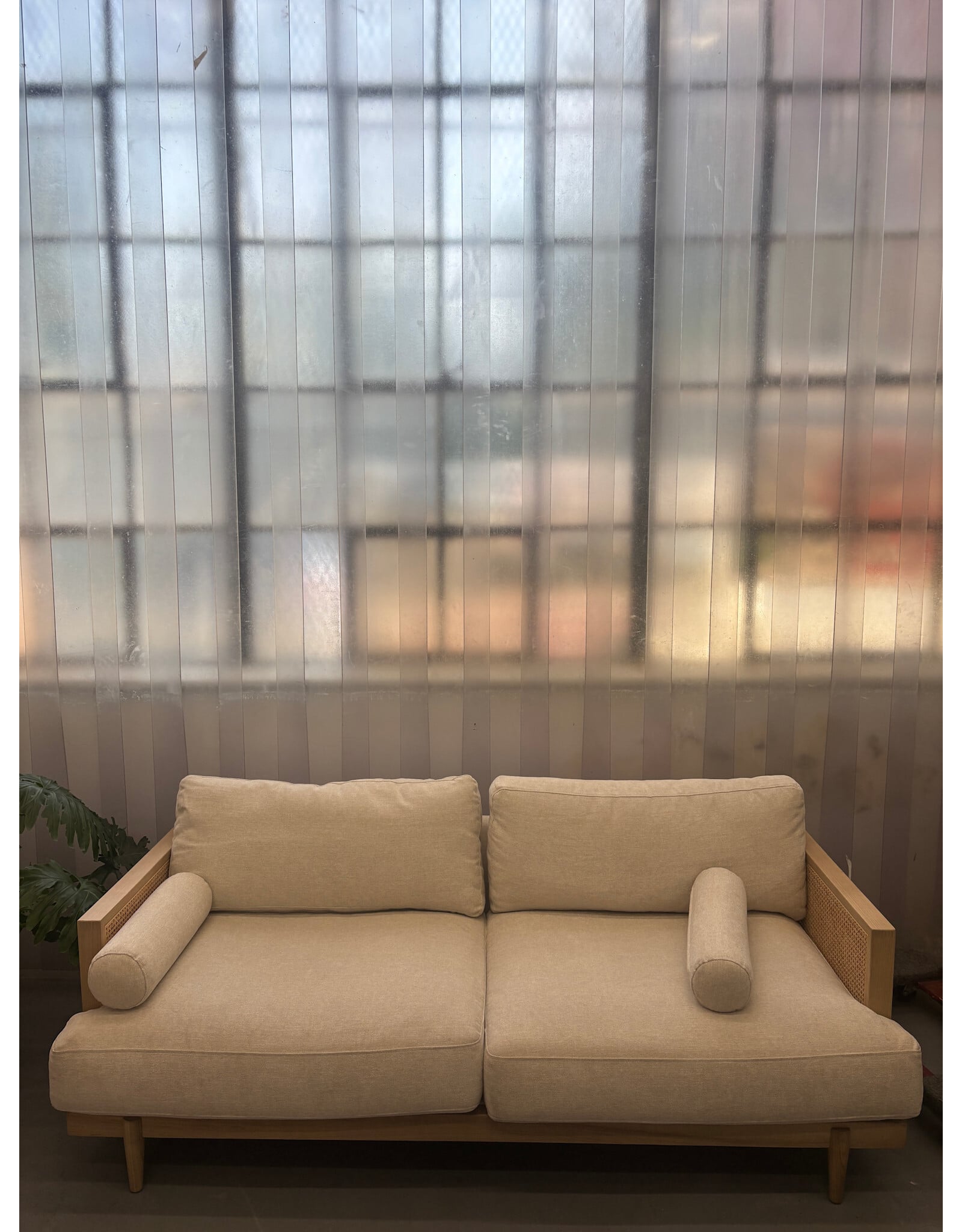 Beige, Light Oak, and Cane Low Sofa