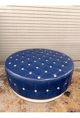 Blue Leather Round Ottoman