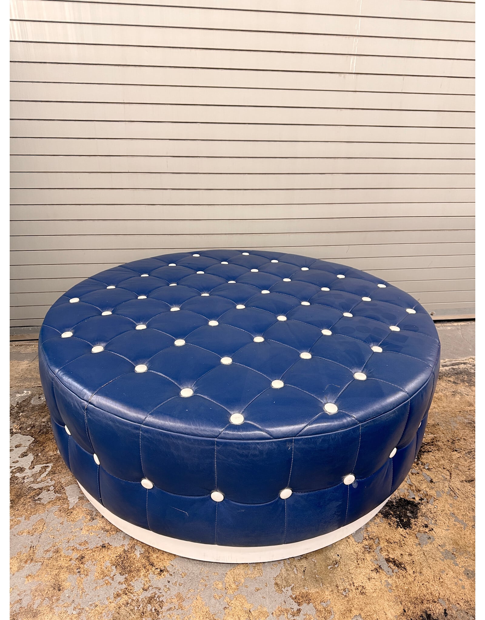 Blue Leather Round Ottoman