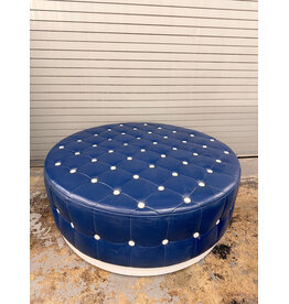 Blue Leather Round Ottoman