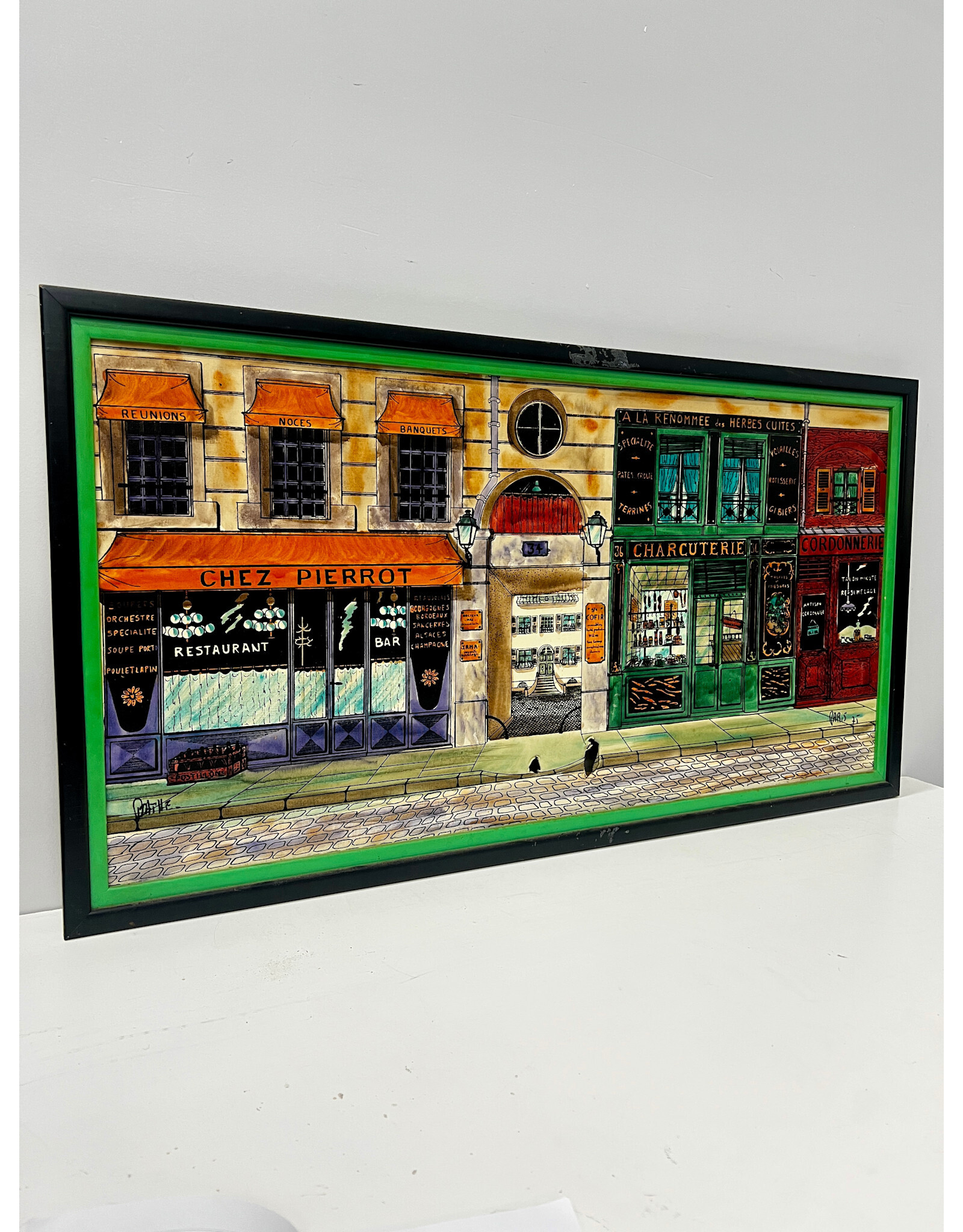 Chez Pierrot, framed painting on canvas, sgnd Bathe Alain--as is