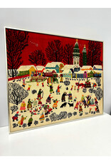 Holiday Village Scene, framed surface embroidery, by Madeline Morrissey