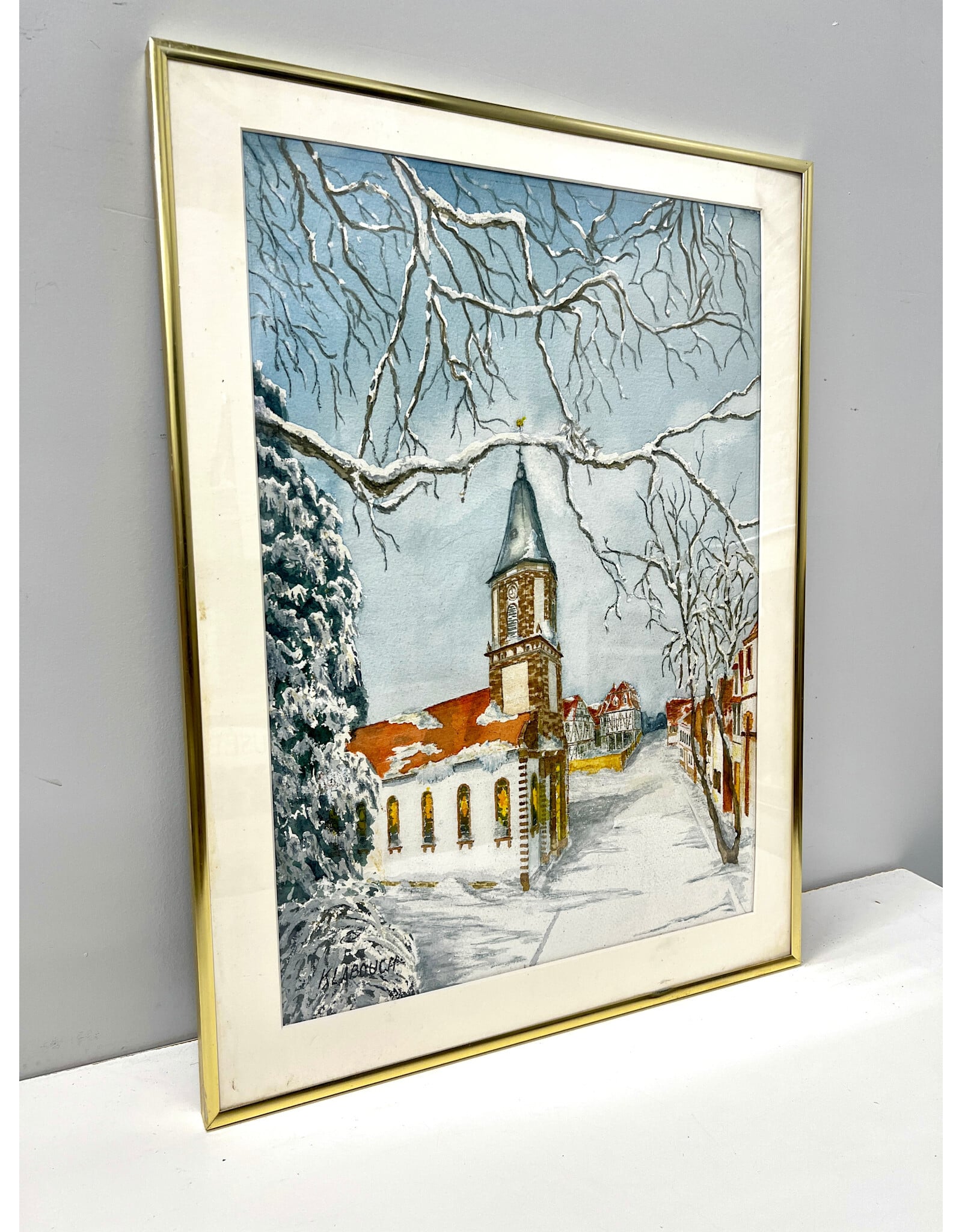 Churchyard, framed watercolor painting, sgnd KLABOUCH