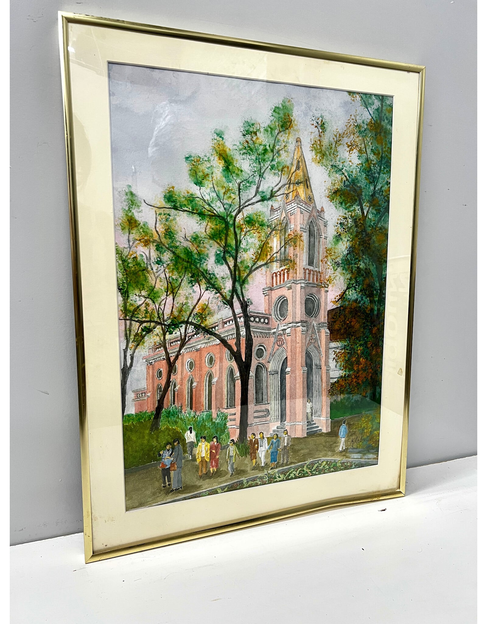 Gold Steeple, framed watercolor painting, sgnd Klabouch