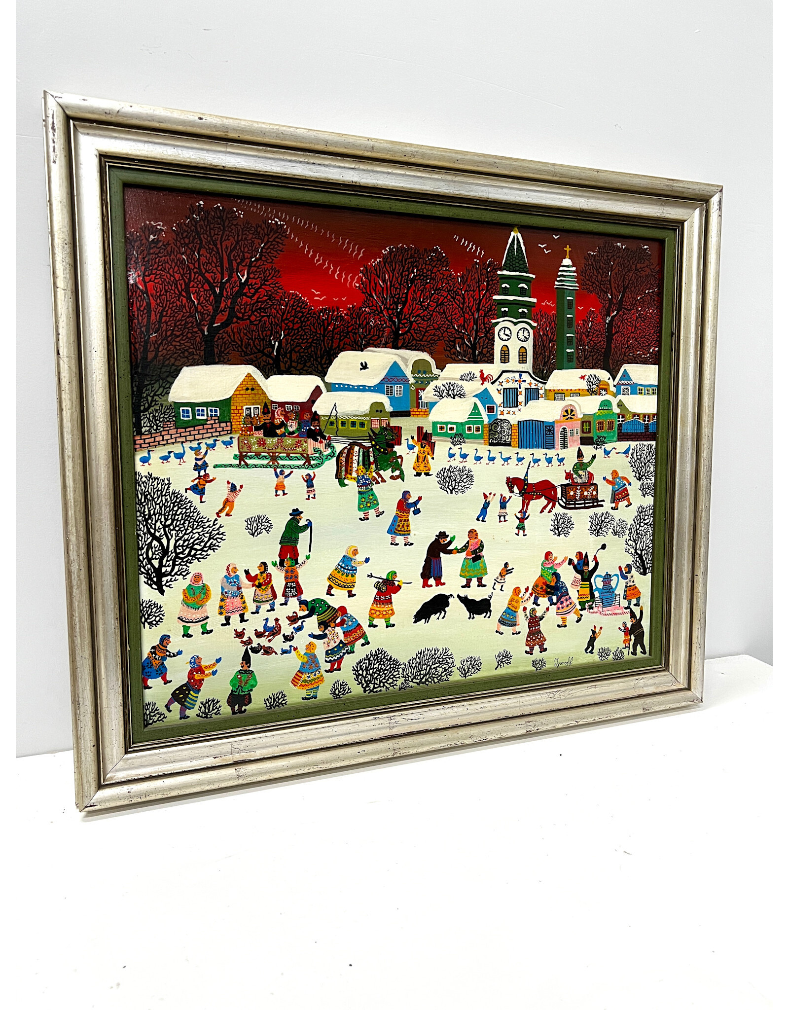 Village Russe, framed painting on canvas, sgnd Madeline Morrisson