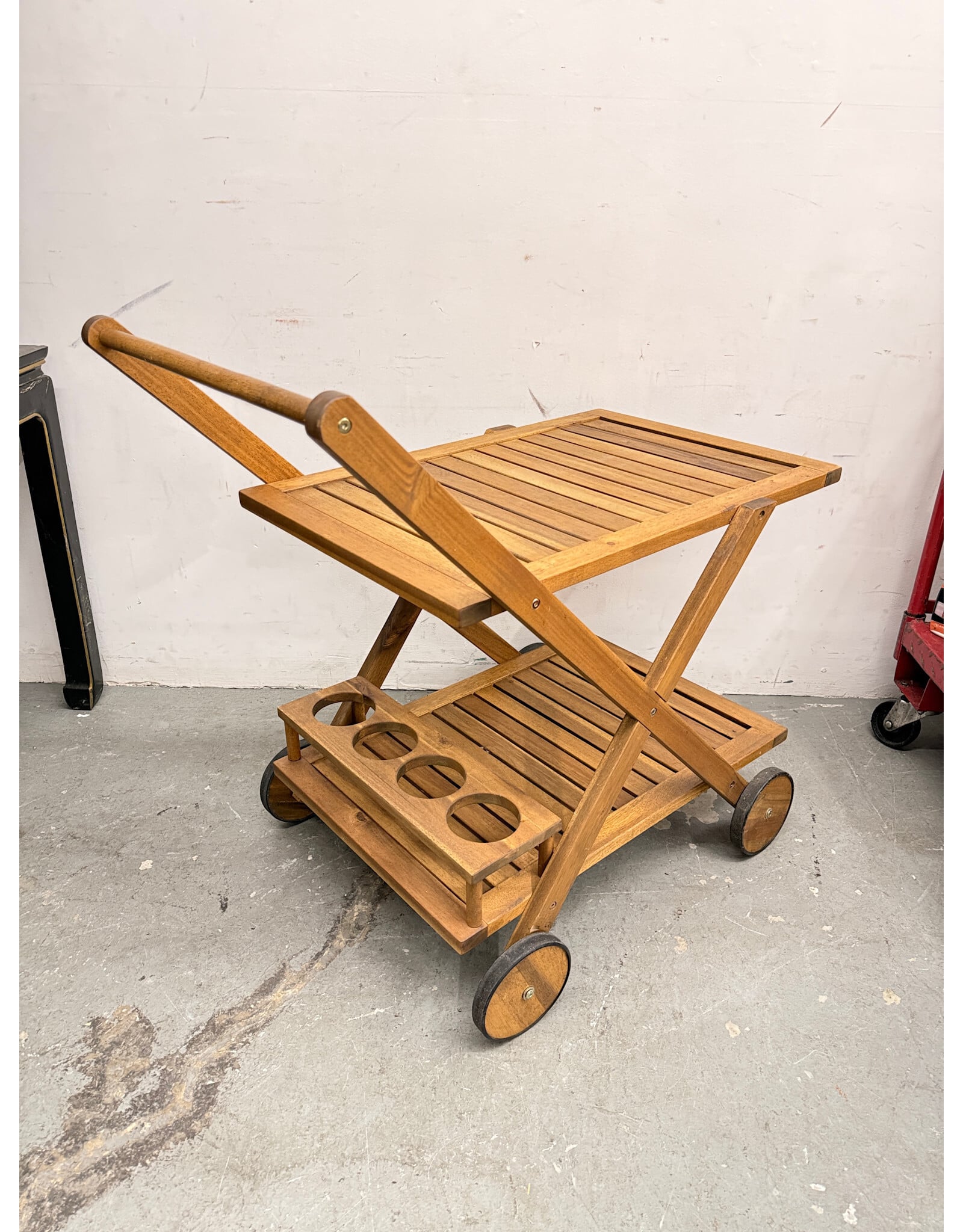 Wooden Trolley Bar Cart with Built in Wine Rack