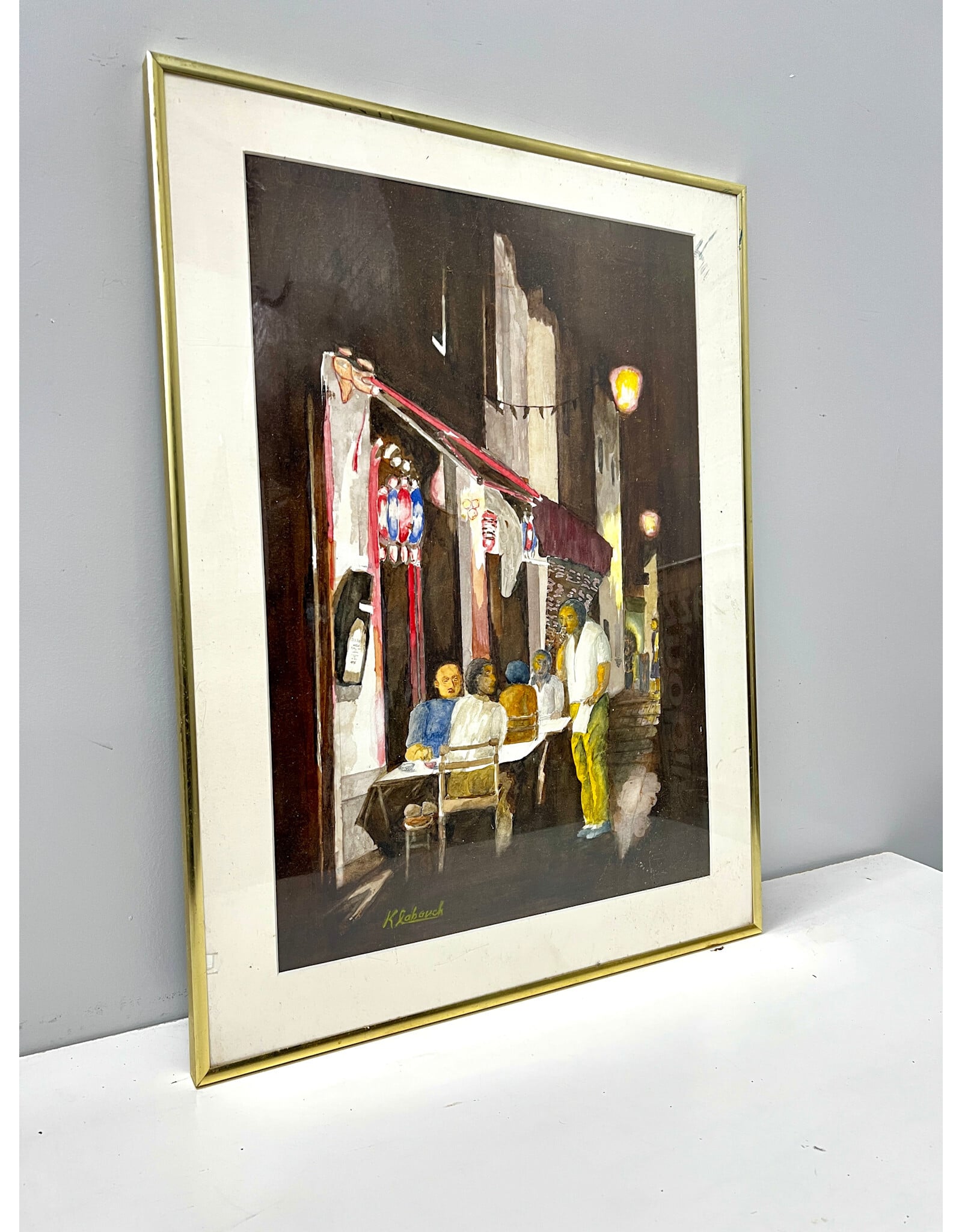 Patio at Night, framed watercolor painting, sgnd Klabouch