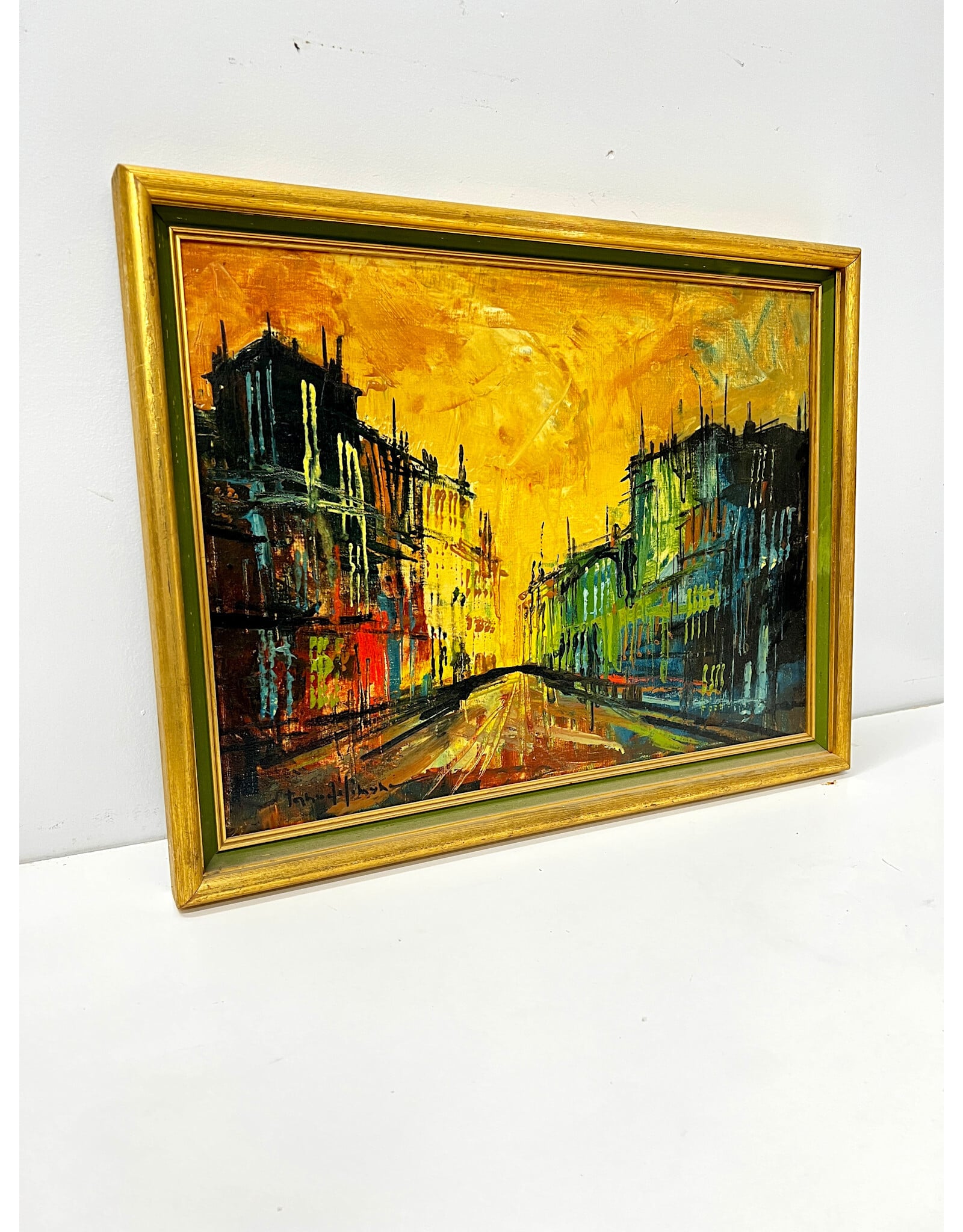 Golden Streetscape, framed painting on canvas