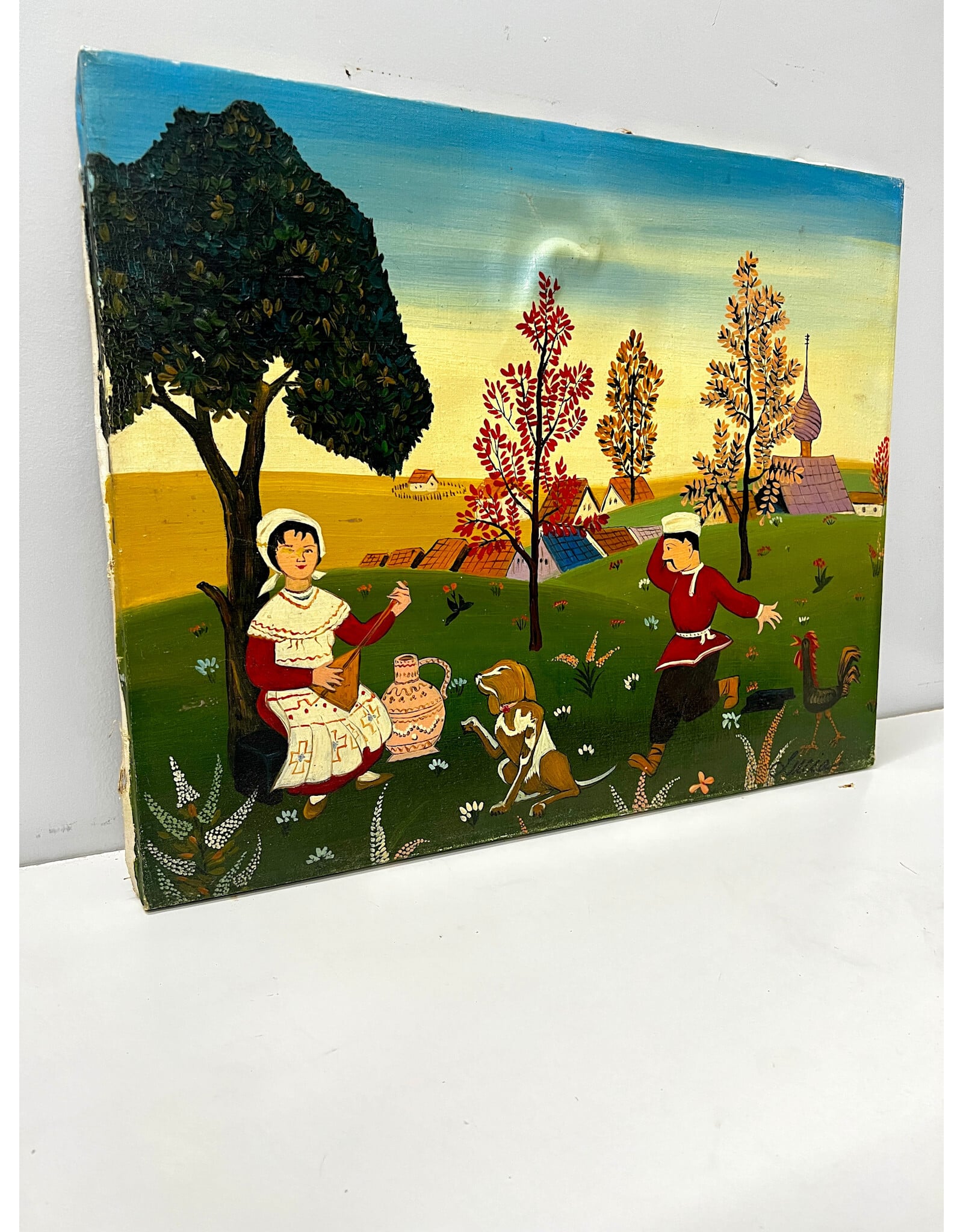 Folk Art Painting on Canvas, sgnd LUCIA