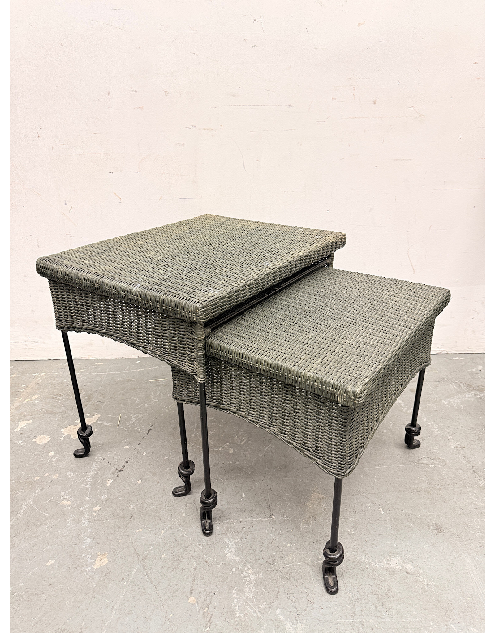 Vintage Wicker and Wrought Iron Stacking Table Set
