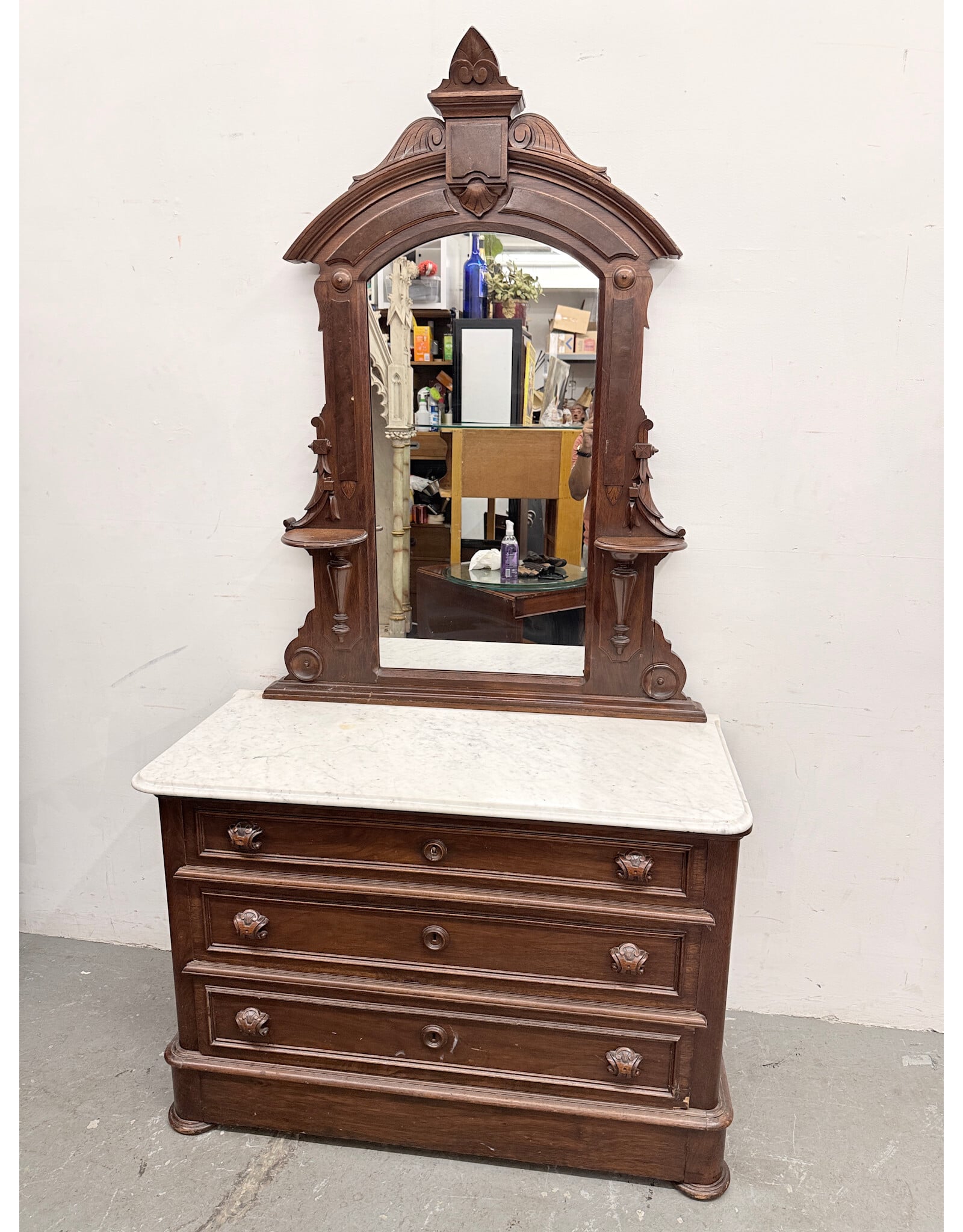 Antique Victorian Eastlake Dresser with Vanity and Marble Top