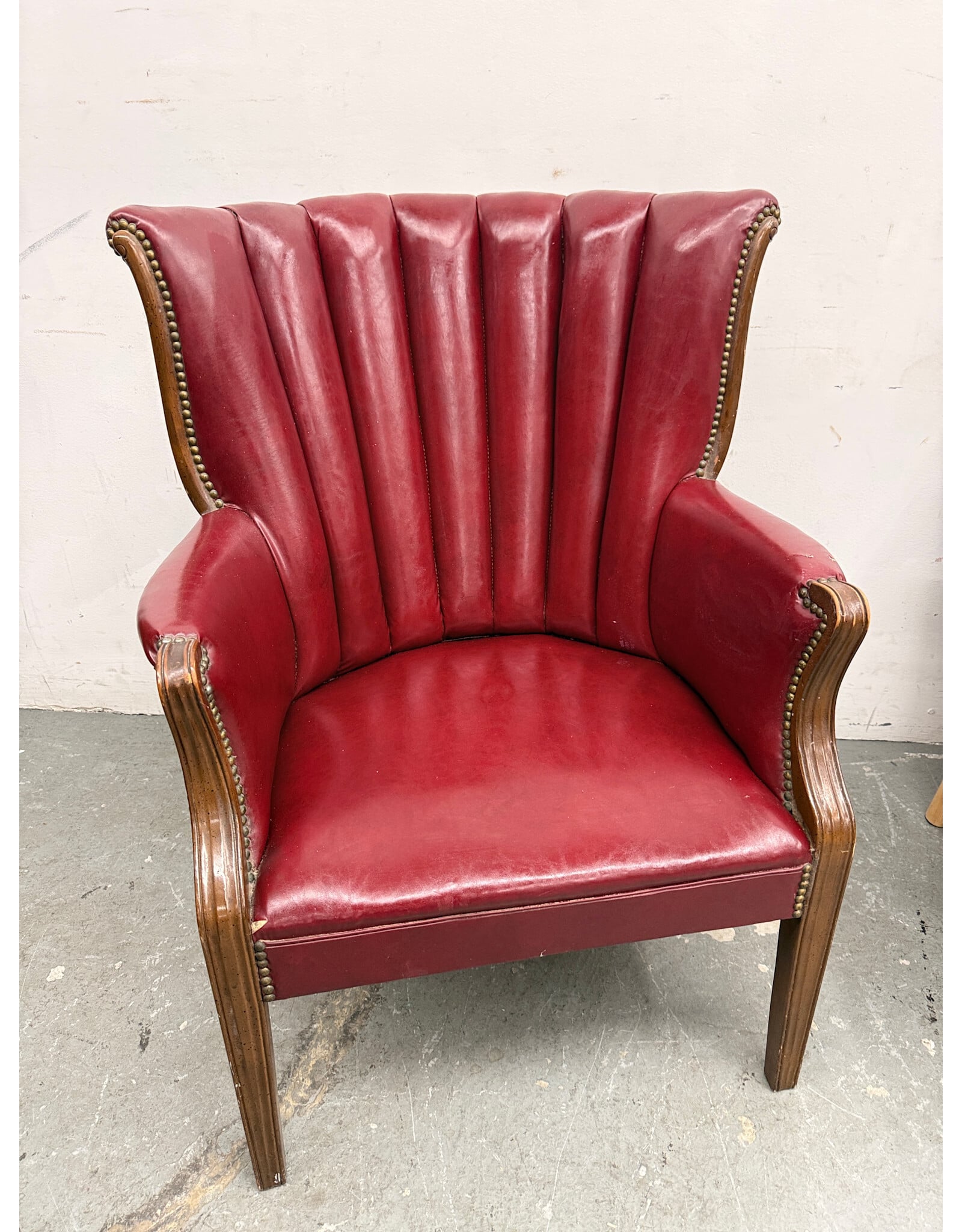 Red Leather Channel-Back Lounge Armchair with Nailhead Trim