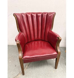 Red Leather Channel-Back Lounge Armchair with Nailhead Trim