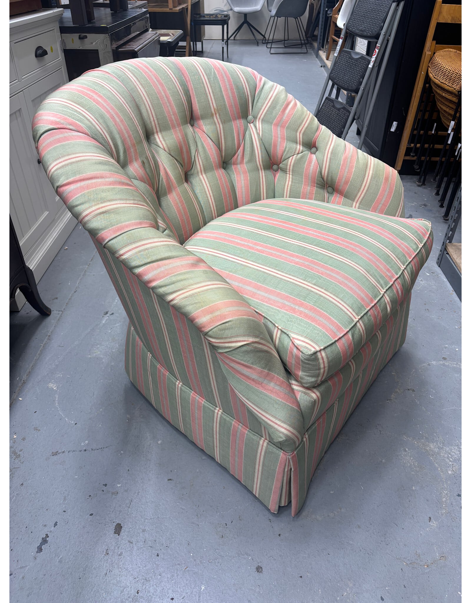 Pink & Green Striped Upholstered Arm Chair