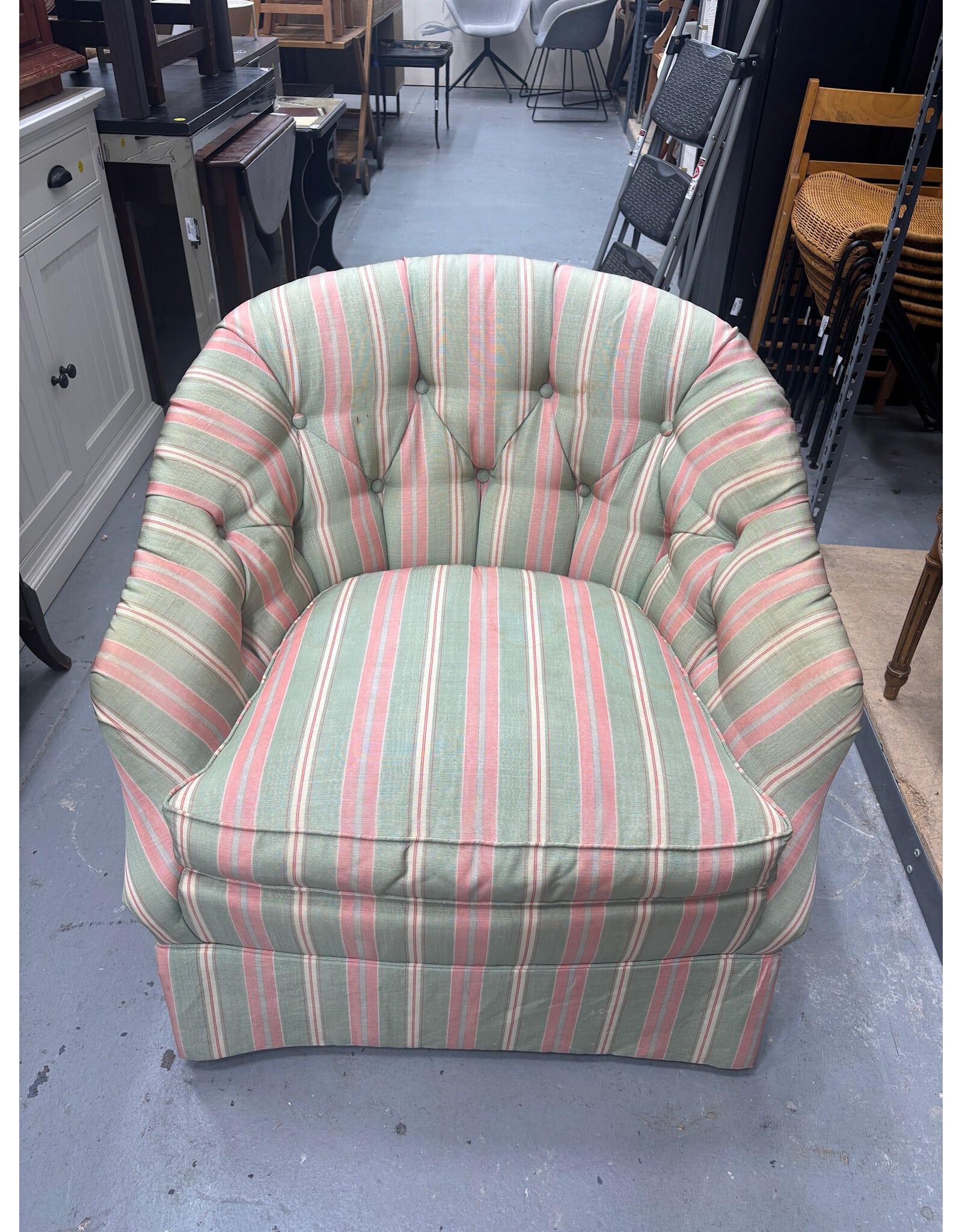 Pink & Green Striped Upholstered Arm Chair