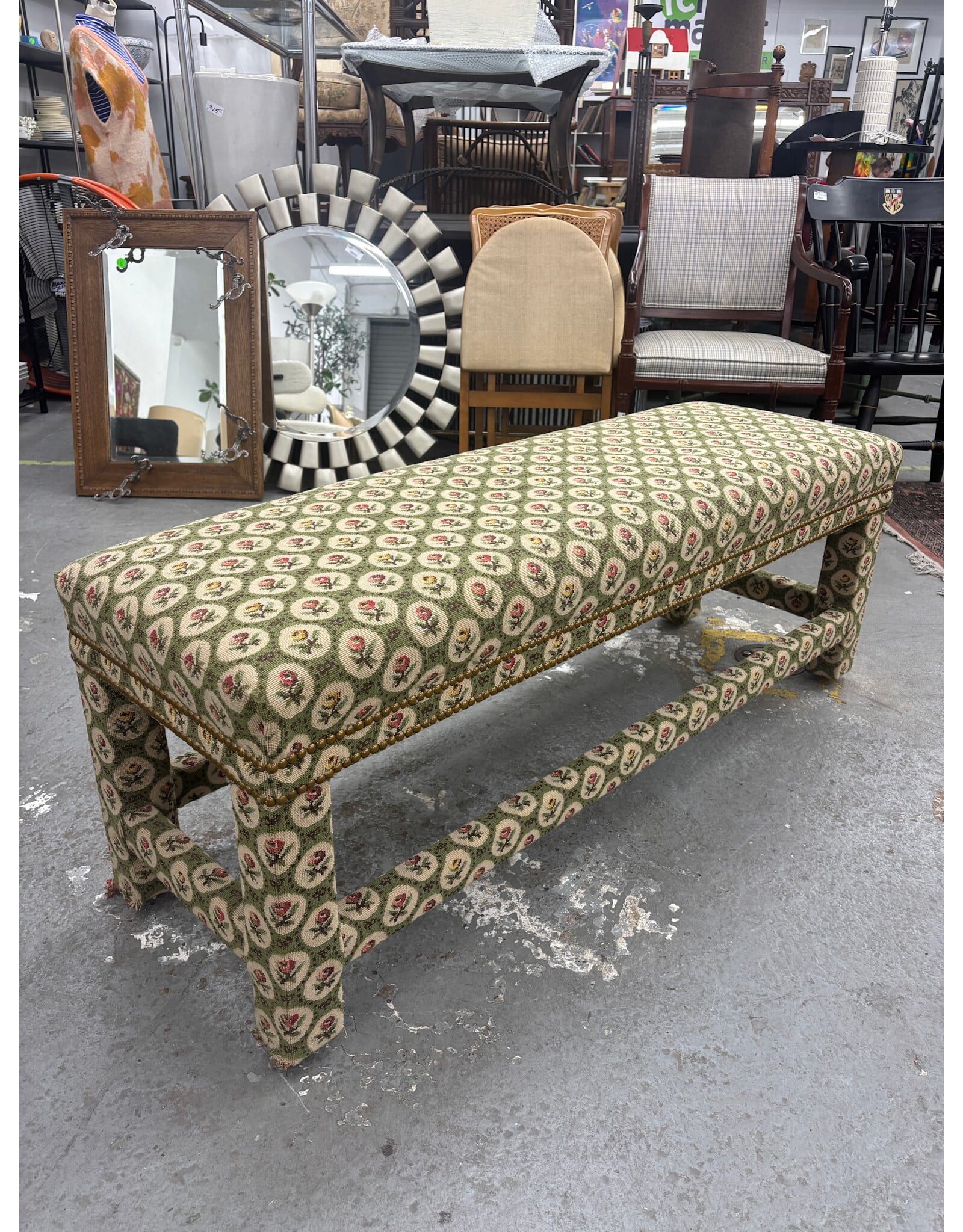 Green and Roses Upholstered Bench