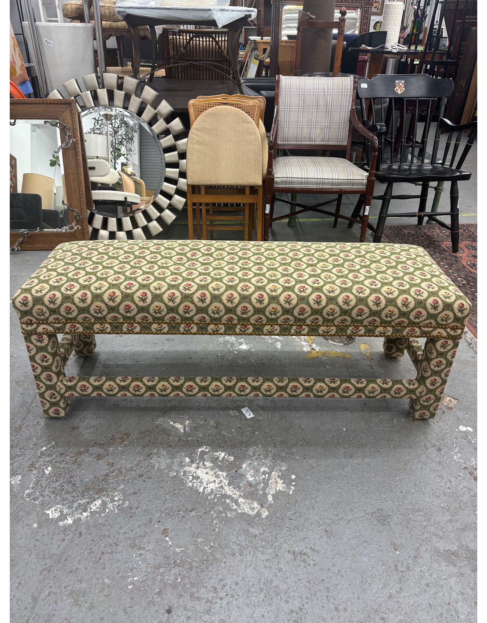 Green and Roses Upholstered Bench