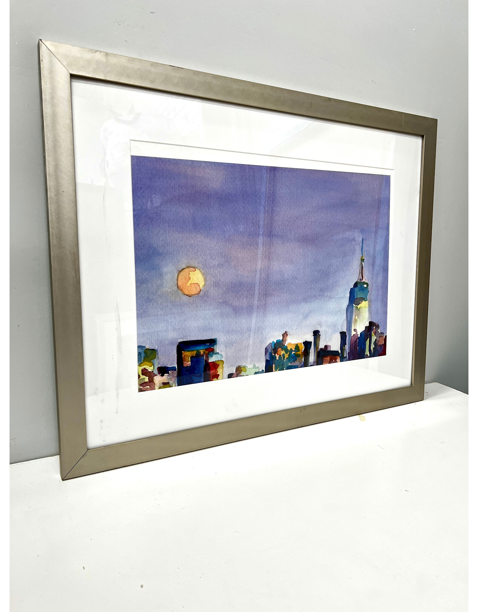 Full Moon & Empire State Building, framed print, sgnd Beverly Brown