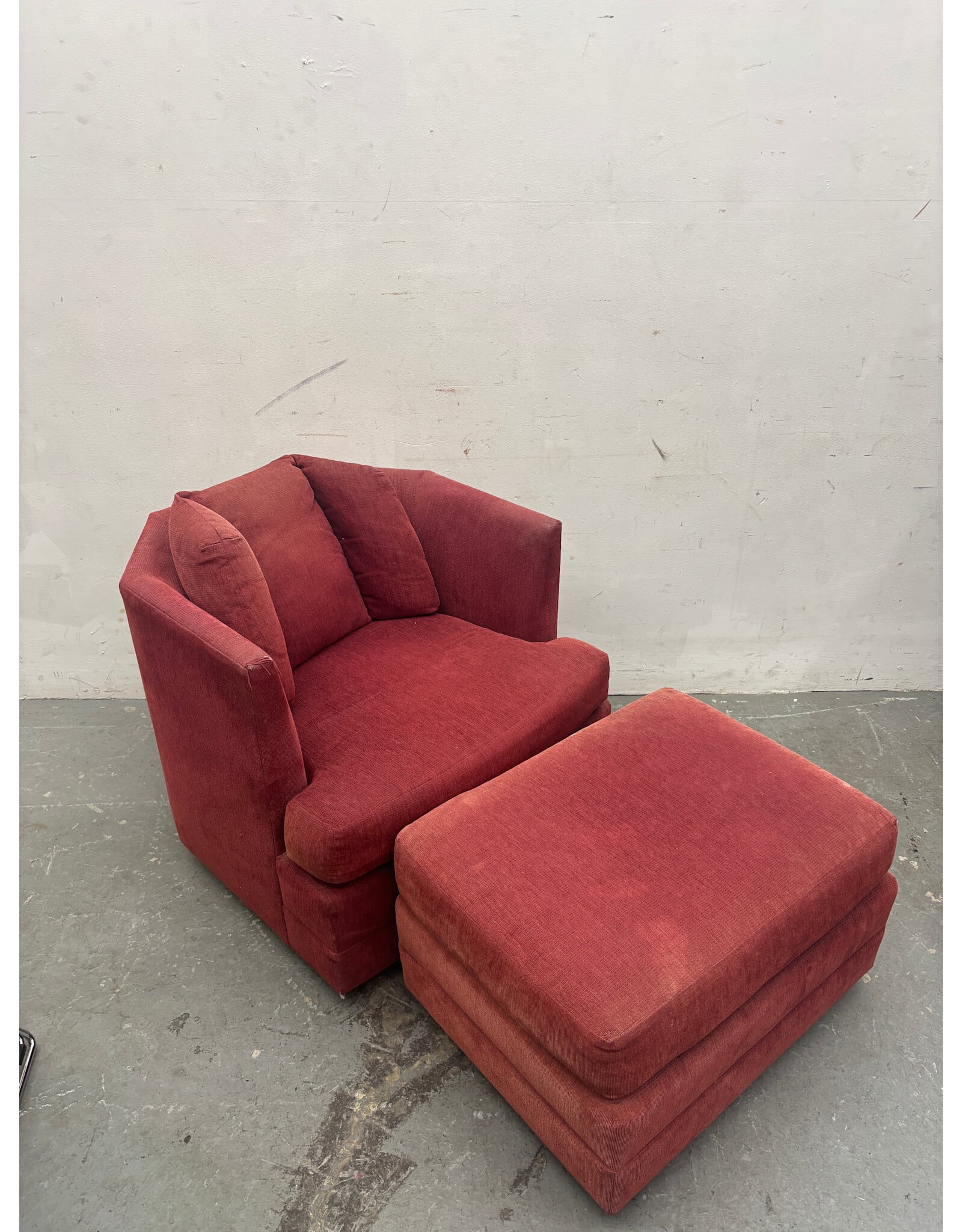 Milo Baughman Style Red Swivel Chair with Ottoman