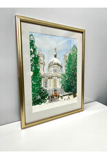 Snow-Covered Cathedral, framed watercolor painting