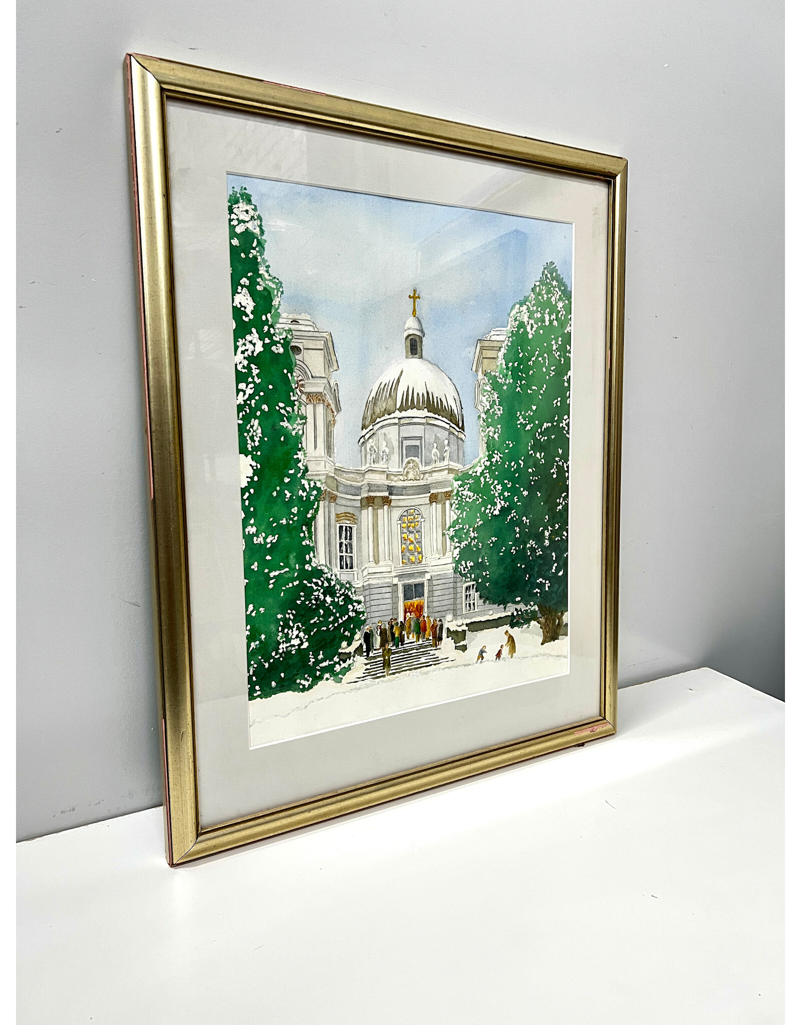 Snow-Covered Cathedral, framed watercolor painting