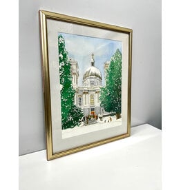 Snow-Covered Cathedral, framed watercolor painting