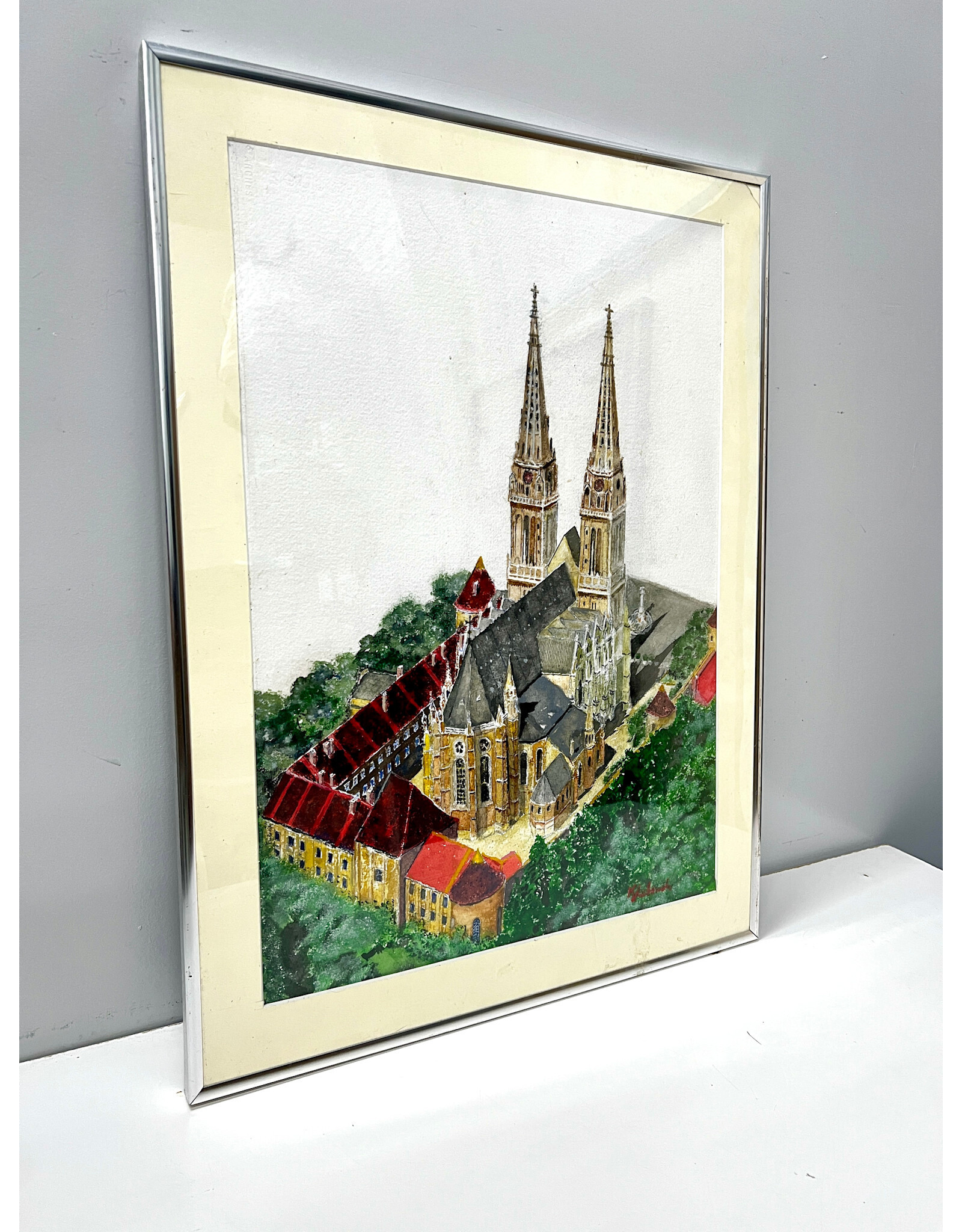 Cathedral of Zagreb, framed watercolor painting, sgnd Klabouch