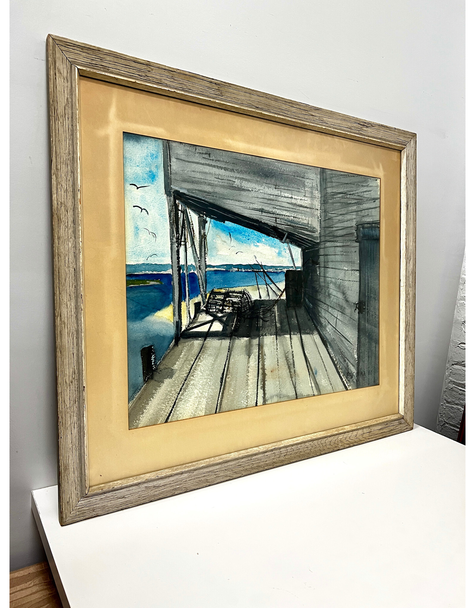 Dockside, framed watercolor painting, sgnd P. Perera '69